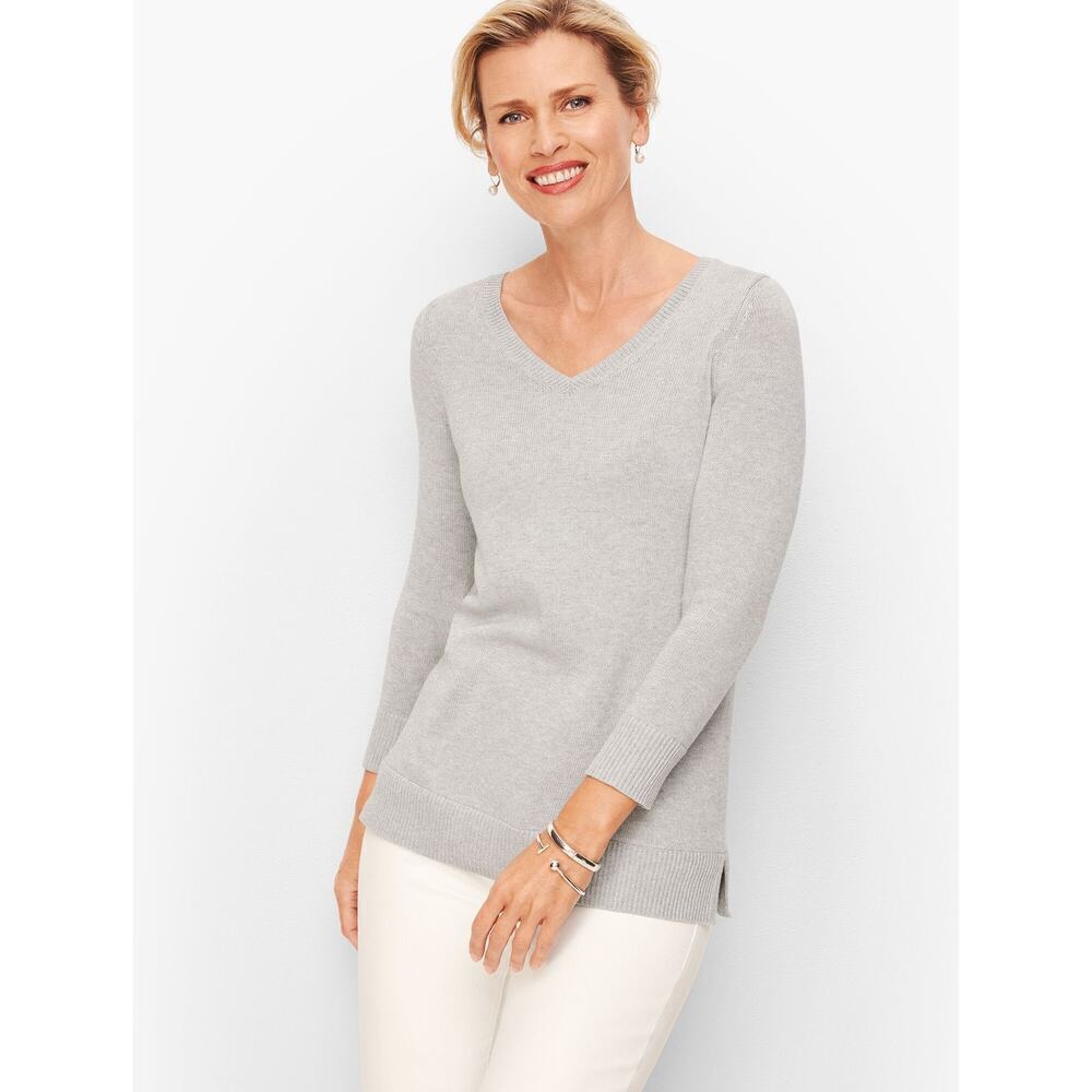 Talbots Size Large Double V Tie Back Sweater Gray Shimmer Pima Cotton Blend
